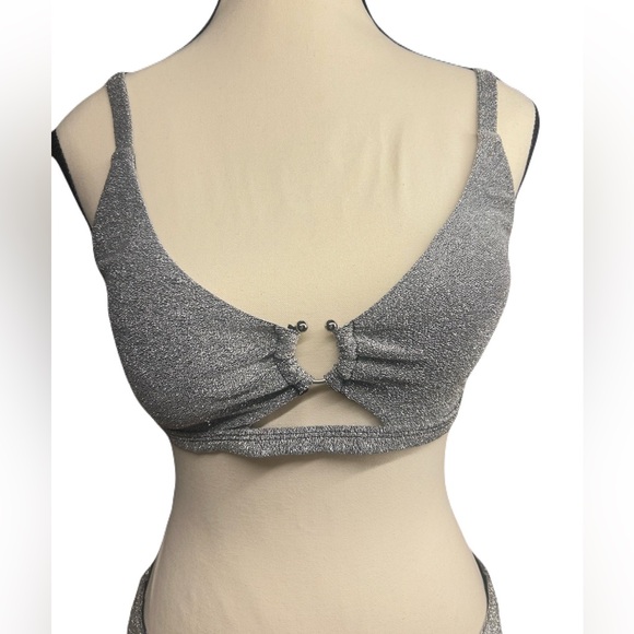 BEBE Metallic Lurex Bikini Swimsuit Silver New XL - Picture 5 of 9